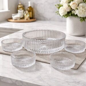 Mikasa Diamond Fire Cut Crystal Hostess Bowl + 4 Dessert Bowls | 8.5” & 6”